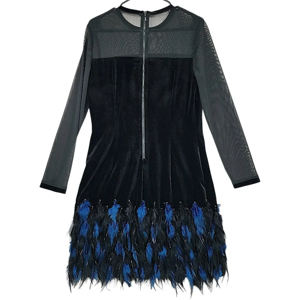 Tahari Velour Dress 12 Black Velvet Blue Feathers Mesh Long Sleeve Cocktail Mini - Picture 3 of 15